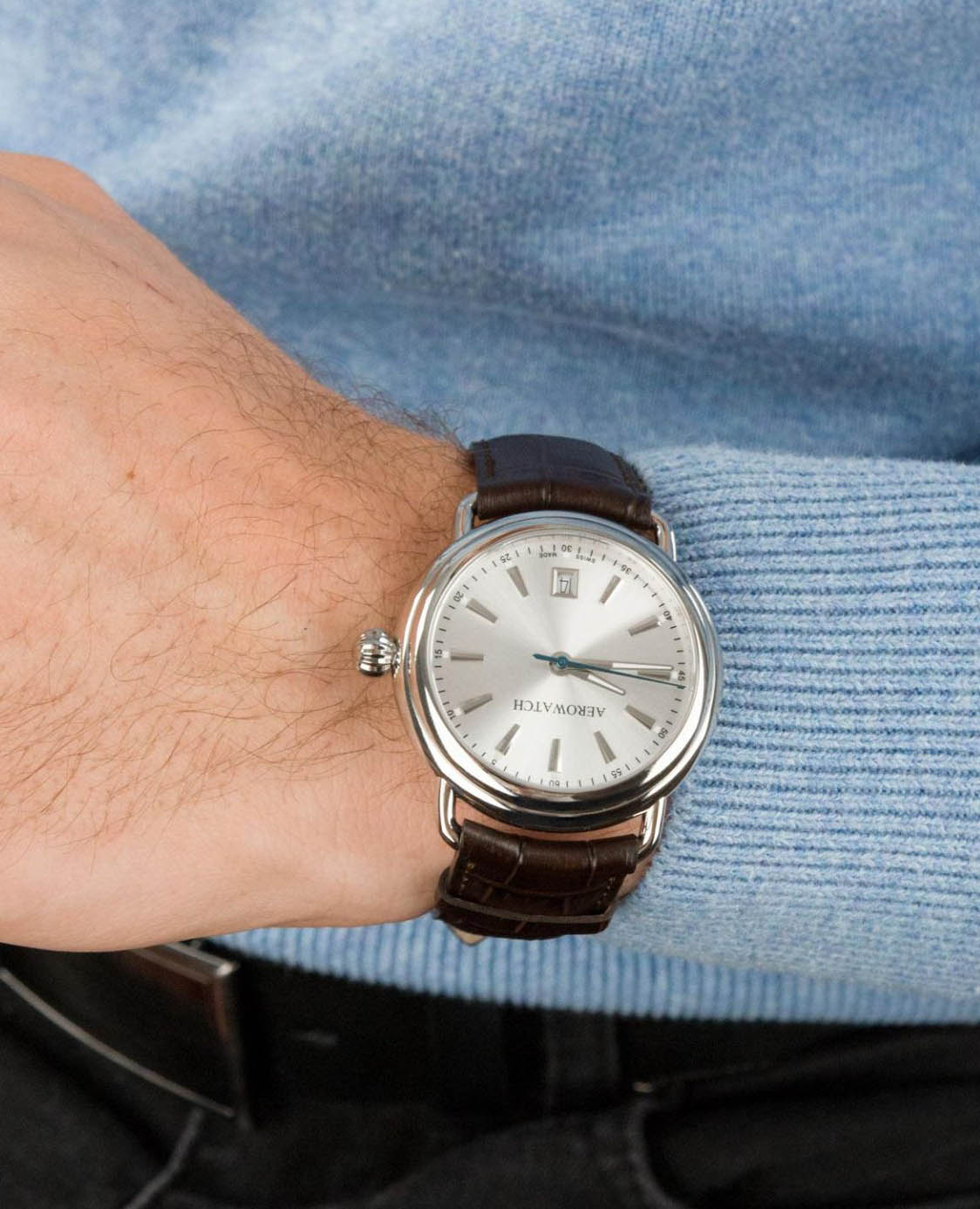 Aerowatch Aerowatch 1942 42900 AA19,  швейцария мужские часы на браслете кожаный боковой вид